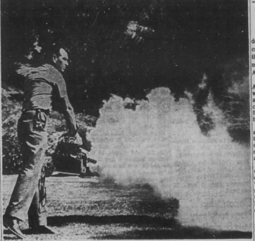Los Angeles Sheriff’s Department Officer demonstrating a fogger (Copley News Service 1970).