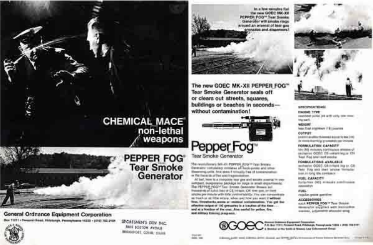 Photocopied, blurried black and white magazine spread advertisement for General Ordnance Equipment Company (GOEC). The ad shows both their chemical mace and their fogger, although the fogger takes up 3/4 of the page. The left side has two main panels, one for each weapon, the top is a mace one showing an officer spraying mace into someone's face and the bottom part is the picture of the person fogging the railroad. The right side is an explainer on the pepper fogger that has three photos (including a repeat of the railroad one) at the top, the item image in the middle, and then a whole bunch of specs that are too blury to read
