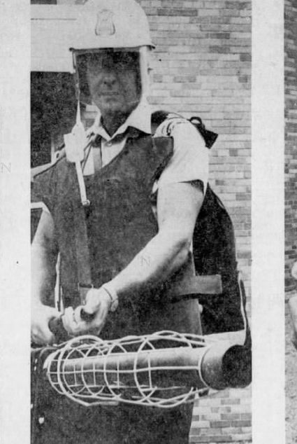 Sergeant Al Oakley shows off a pepper fogger (MacKenzie 1976).
