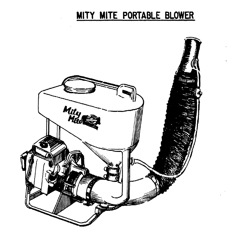 Technical rendering sketch of a tank with the words Mity Mite on the side. Funnel on bottom of tank leads to exhaust hose below and pipe on bottom of tank has small flexible hose attaching to exhaust hose as well. Exhaust hose comes from below and curves upward to the right. Below the tanks and attached by a frame is a small motor.