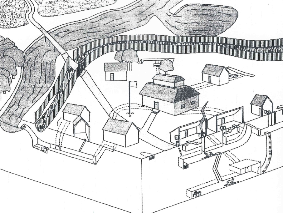 Book illustration (blank and greys, hand-rendered style) of a two-level village tunnel system, connecting most of the structures with defensive trenches and bunkers. There are eight houses surrounding a community building and the nearest ones are cut-away so you can see into them and the ground beneath them, which shows the tunnels and bunkers. Each house has a shelter and they are connected via tunnels. There is a puji-stake moat with a sharpened bamboo fence around it surrounding the village and there's one road in, with a gate at the fence. There is a river or open water of some kind on the other side of the fence and then some fields and jungle. The community building is two stories and is next to a single flag on a pole in the center of the village. The flag is blank, and so functionally white.