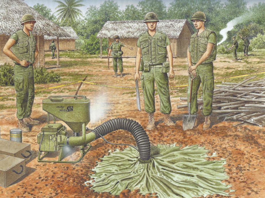 Book illustration (colorful, hand-rendered style) of green-clad US military service members in helmets flak vests, boots, etc, standing around a thermal fogger in the foreground. The fogger is a non-portable Mity Mite style fogger with a big reservoir and giant vacuum style hose running through a green tarp that's lying on the ground and covering the tunnel entrance. They are in a clearing with huts and the jungle in the background.